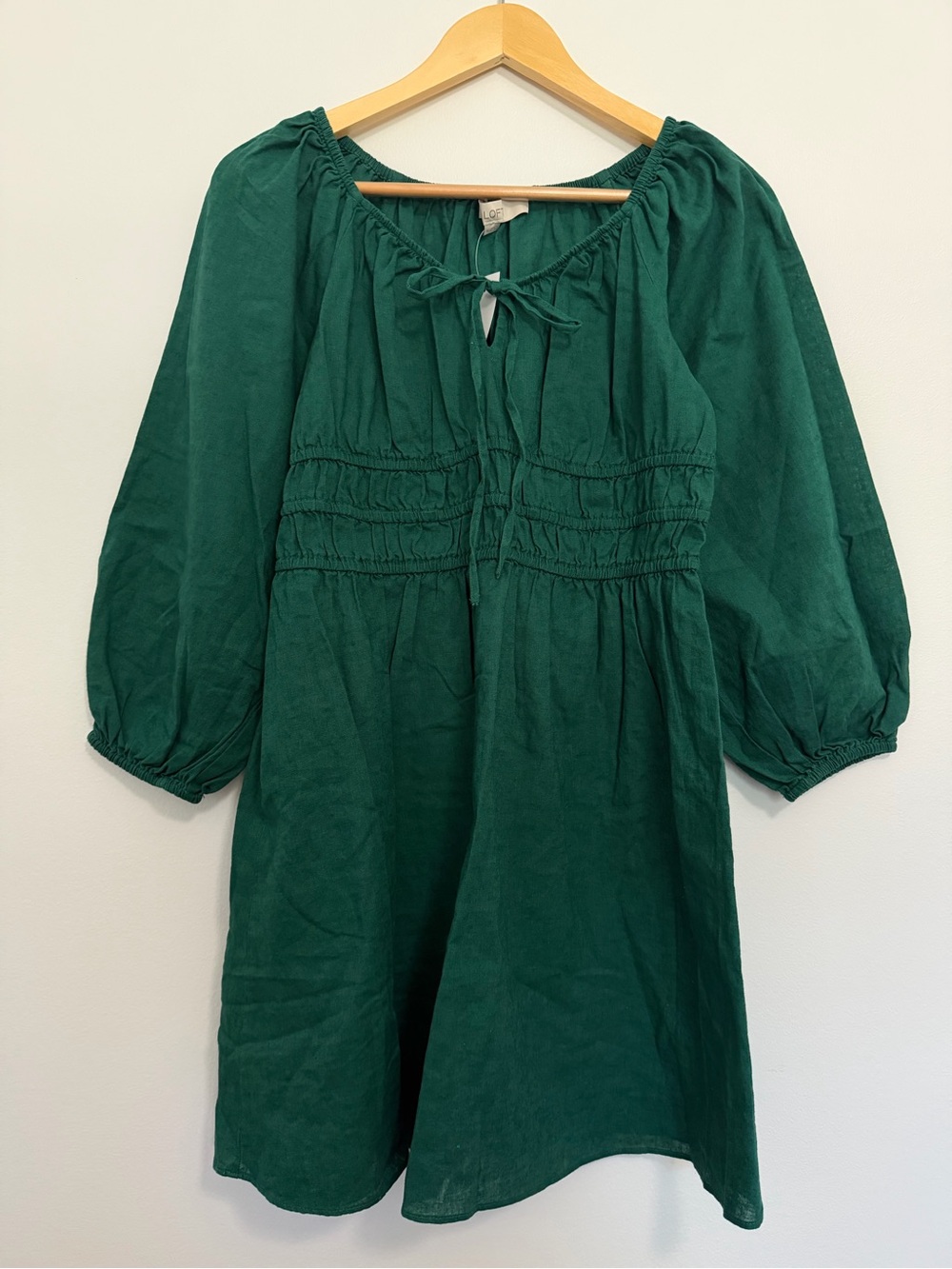 LOFT Emerald Green Linen Blend Smocked Waist Puff Sleeve Dress